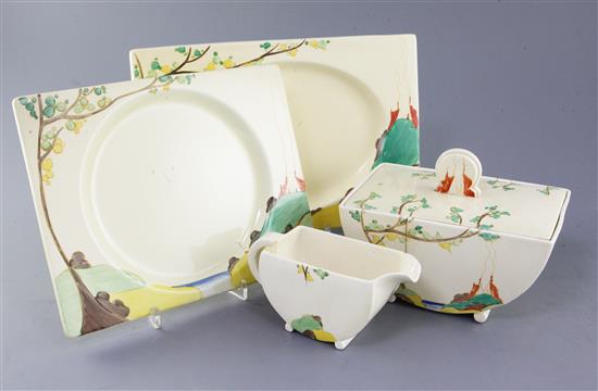 A Clarice Cliff nineteen piece Secrets pattern part dinner service, in Biarritz shape, c.1933-35, some damage